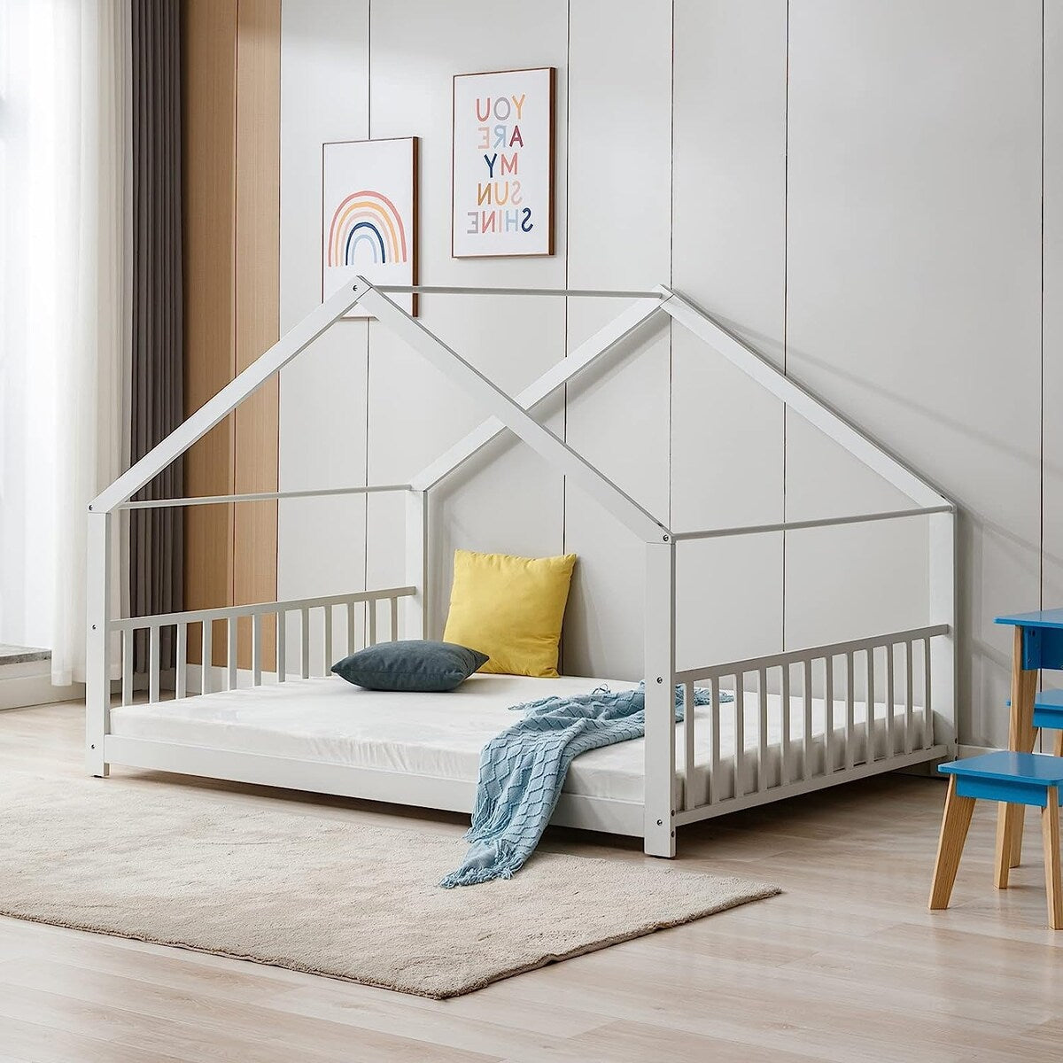 Mixoy House Shaped Bed Frame, Kids House Bed Frame with Fence, Floor Bed Frame for Toddlers, Playhouse Bed with Headboard