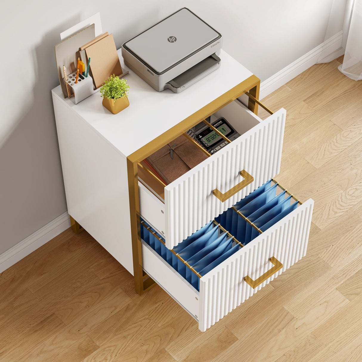 Moasis 2 Drawer File Cabinet with Gold Frame Filing Cabinet for Letter Size Printer Stand