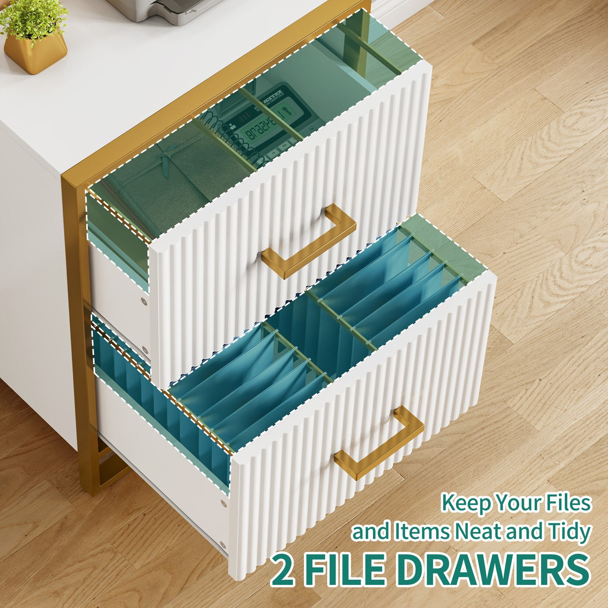 Moasis 2 Drawer File Cabinet with Gold Frame Filing Cabinet for Letter Size Printer Stand