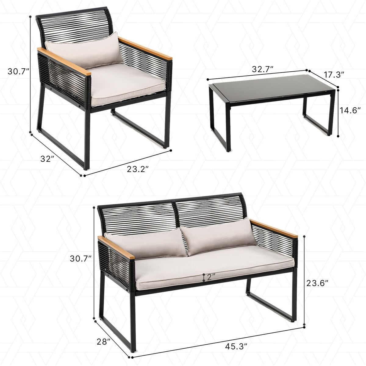 Moasis 4-Piece Patio Furniture Wicker Outdoor Bistro Set Rattan Conversation Loveseat - 27.9"L x 23.2"W x 30.7"H