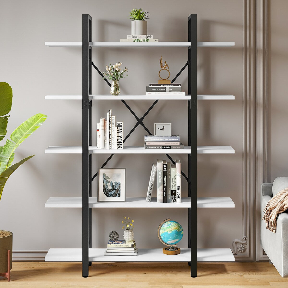 Moasis 5-Tier Bookshelf, Vintage Industrial Style Bookcase Display Shelves for Living Room
