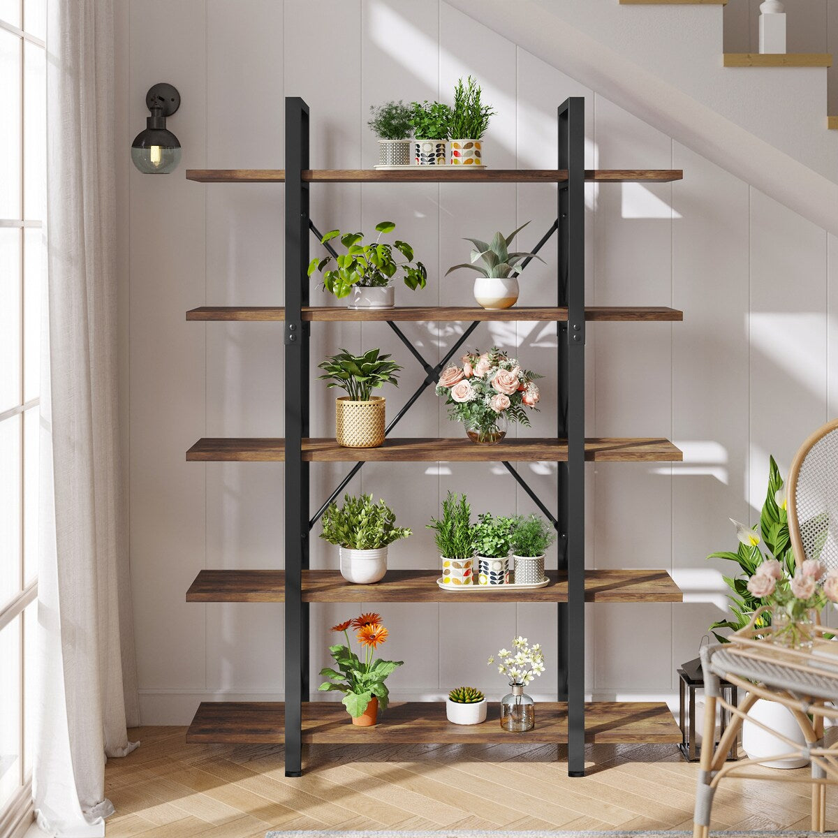 Moasis 5-Tier Bookshelf, Vintage Industrial Style Bookcase Display Shelves for Living Room