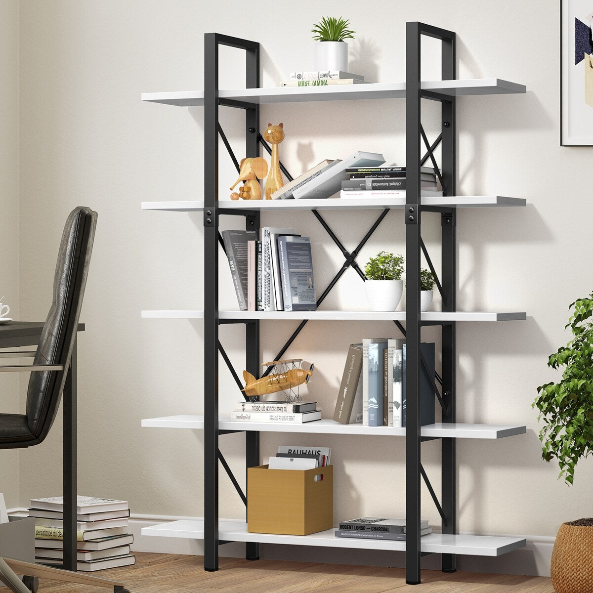 Moasis 5-Tier Bookshelf, Vintage Industrial Style Bookcase Display Shelves for Living Room