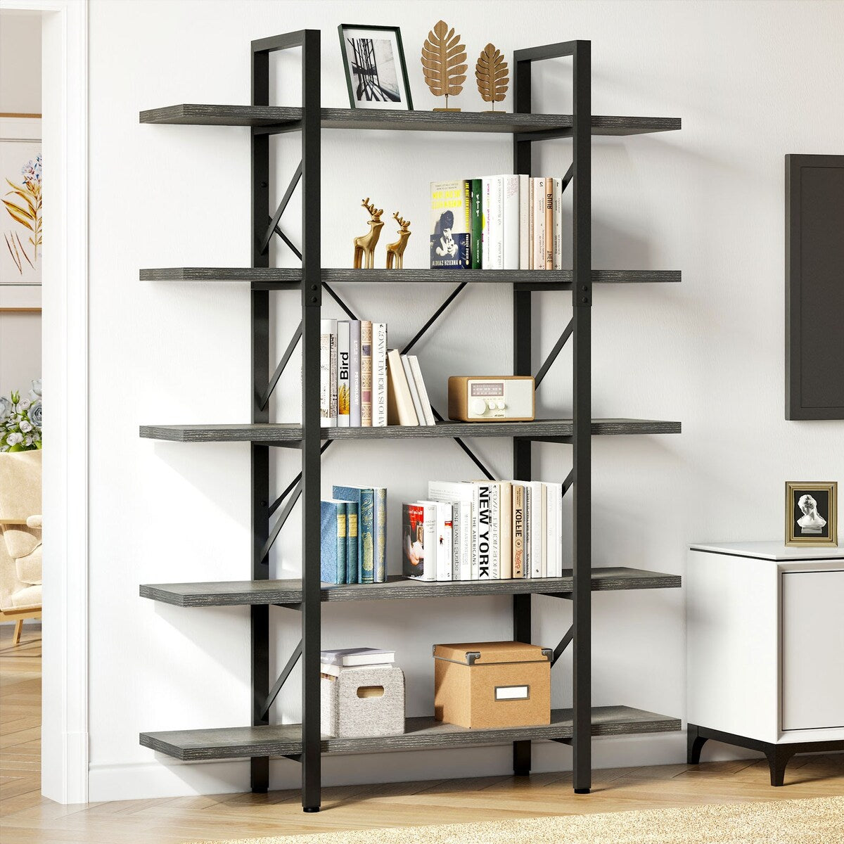 Moasis 5-Tier Bookshelf, Vintage Industrial Style Bookcase Display Shelves for Living Room
