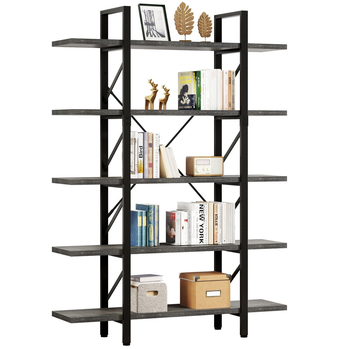 Moasis 5-Tier Bookshelf, Vintage Industrial Style Bookcase Display Shelves for Living Room