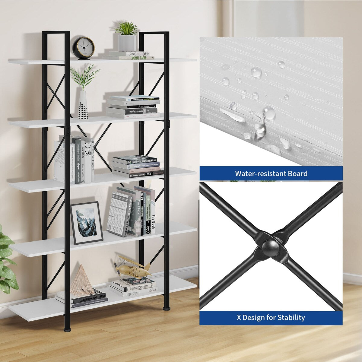 Moasis 5-Tier Bookshelf, Vintage Industrial Style Bookcase Display Shelves for Living Room
