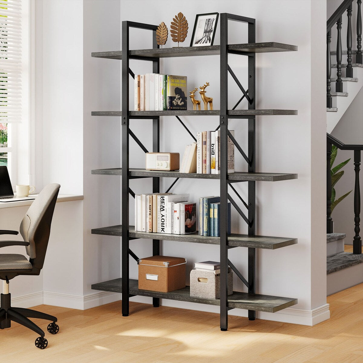 Moasis 5-Tier Bookshelf, Vintage Industrial Style Bookcase Display Shelves for Living Room