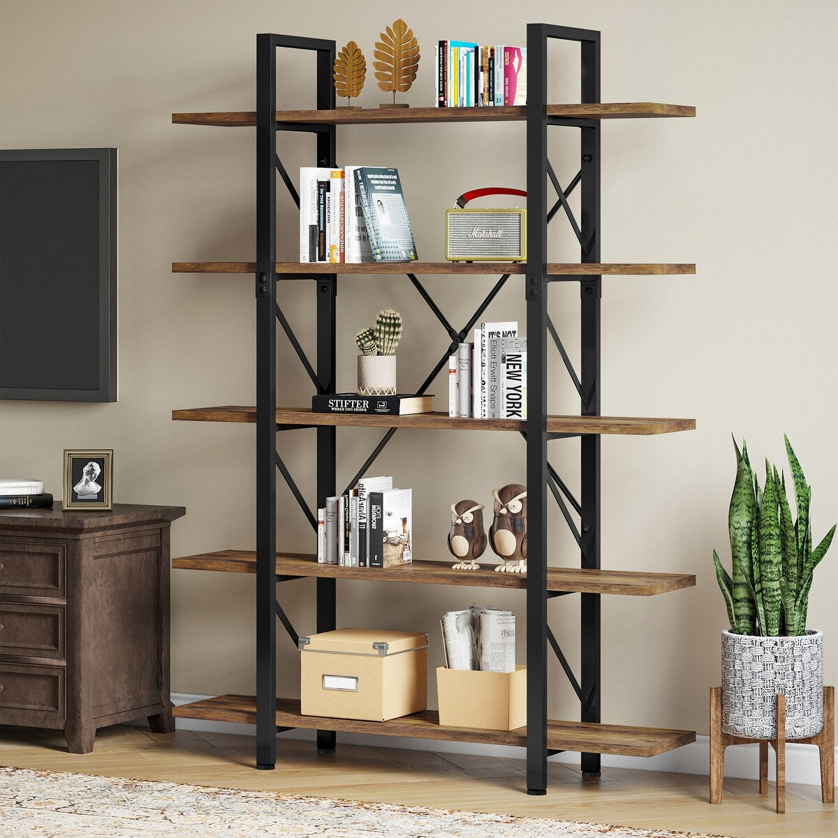 Moasis 5-Tier Bookshelf, Vintage Industrial Style Bookcase Display Shelves for Living Room