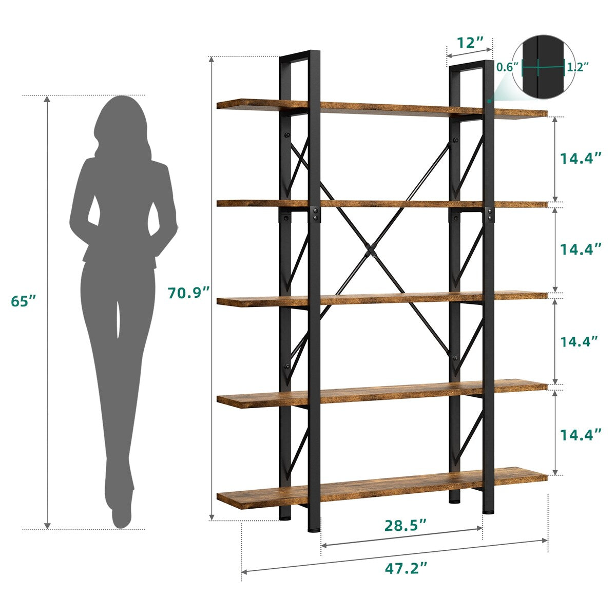 Moasis 5-Tier Bookshelf, Vintage Industrial Style Bookcase Display Shelves for Living Room