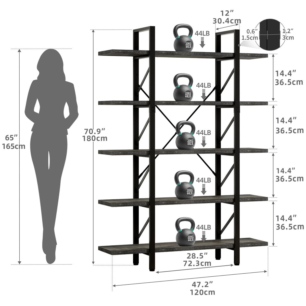 Moasis 5-Tier Bookshelf, Vintage Industrial Style Bookcase Display Shelves for Living Room
