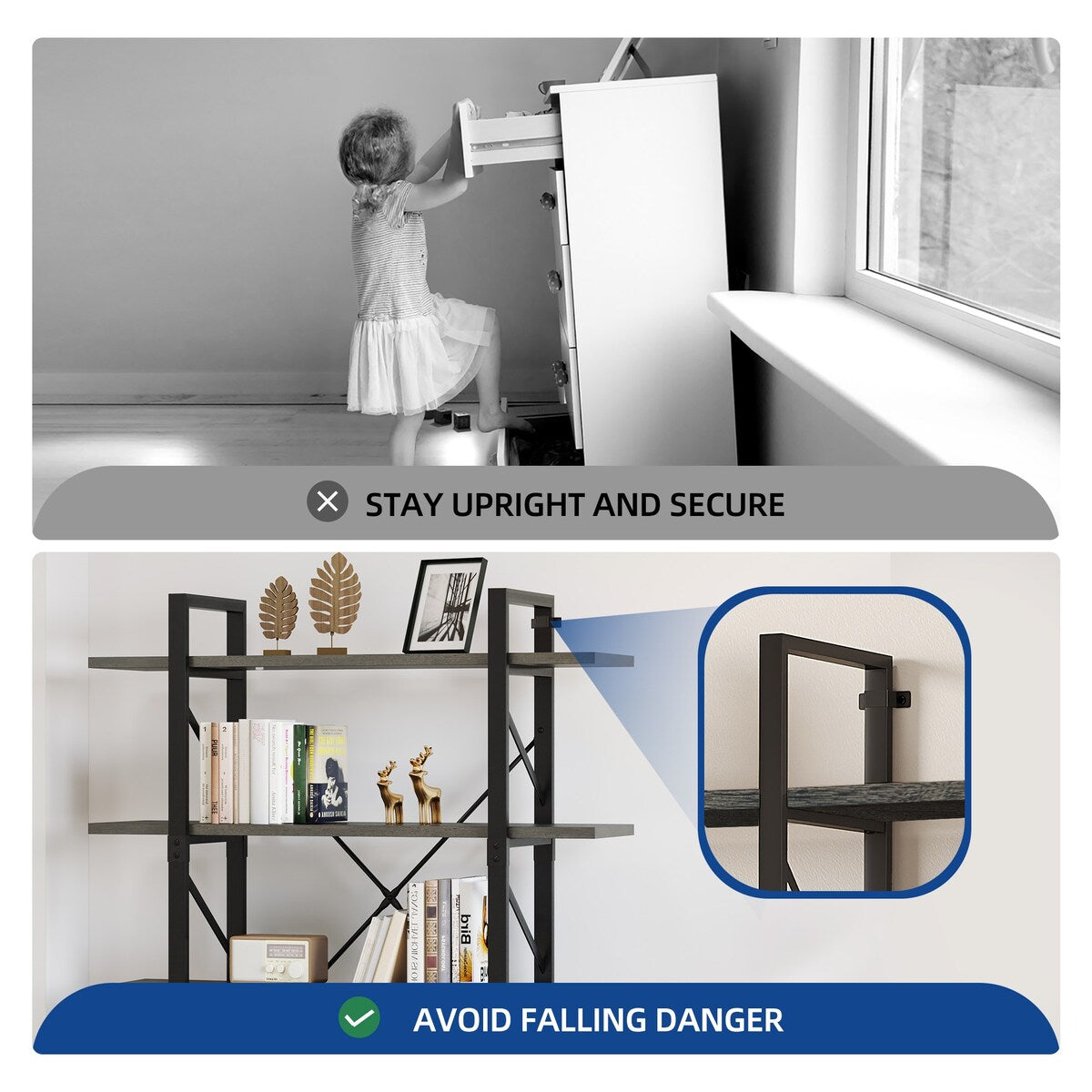 Moasis 5-Tier Bookshelf, Vintage Industrial Style Bookcase Display Shelves for Living Room