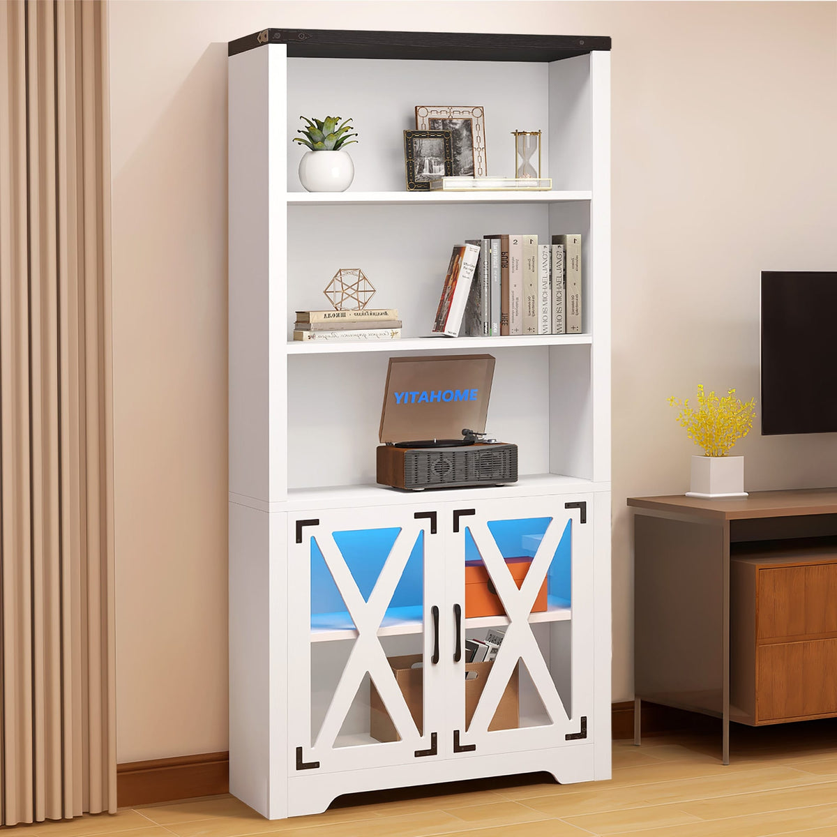 Moasis 5-Tier Open Shelves Bookcase Bookshelf with Acrylic Doors and L