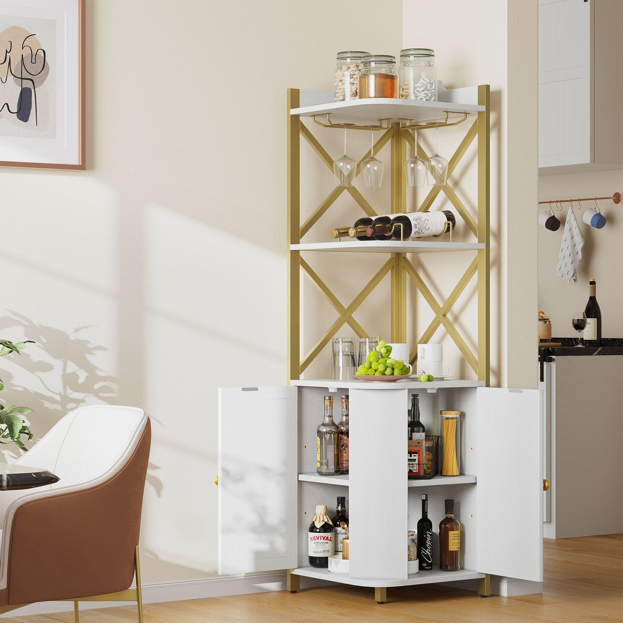 Moasis 5-Tiers Corner Bar Cabinet with Glass & Wine Holder Liquor Cabinet Storage