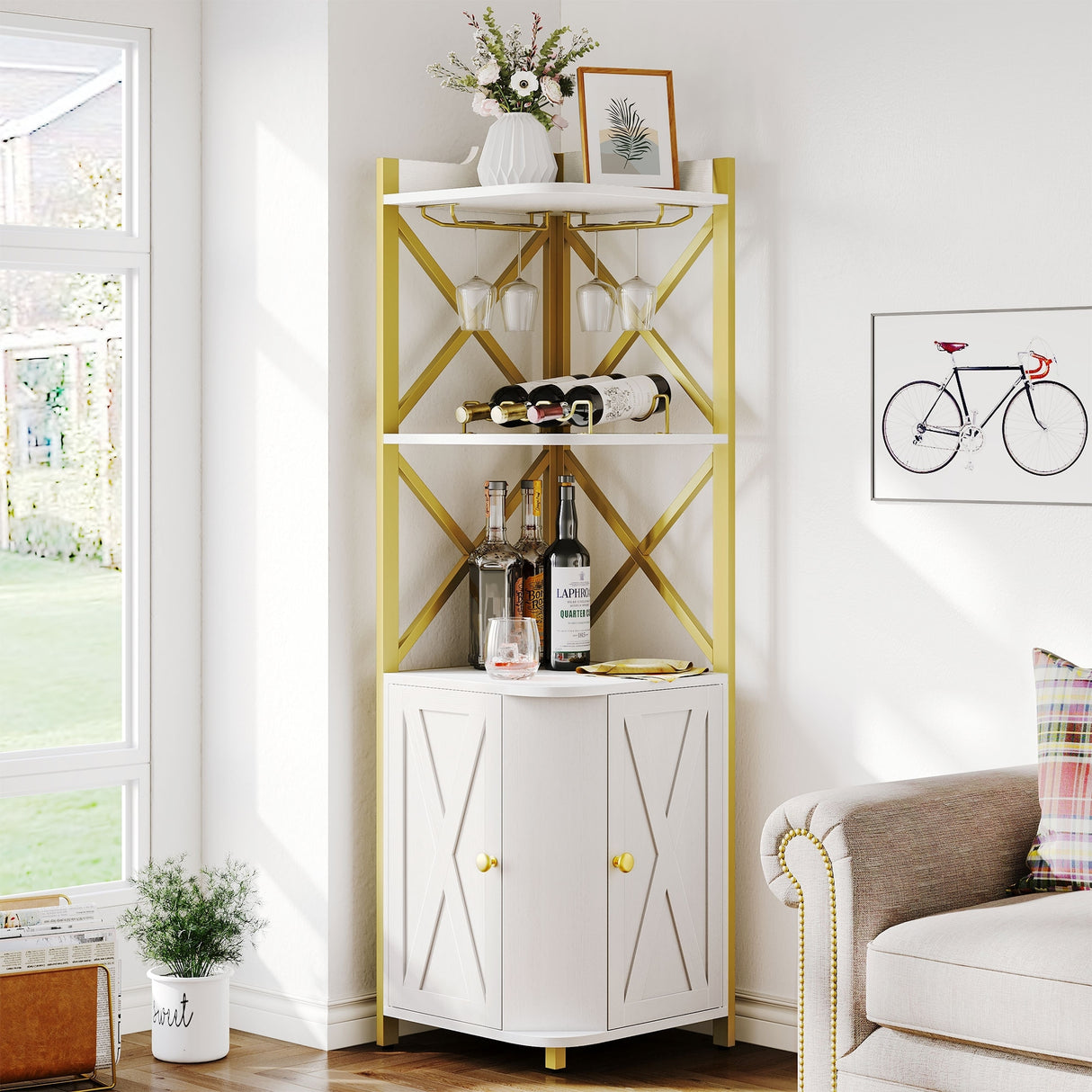 Moasis 5-Tiers Corner Bar Cabinet with Glass & Wine Holder Liquor Cabinet Storage
