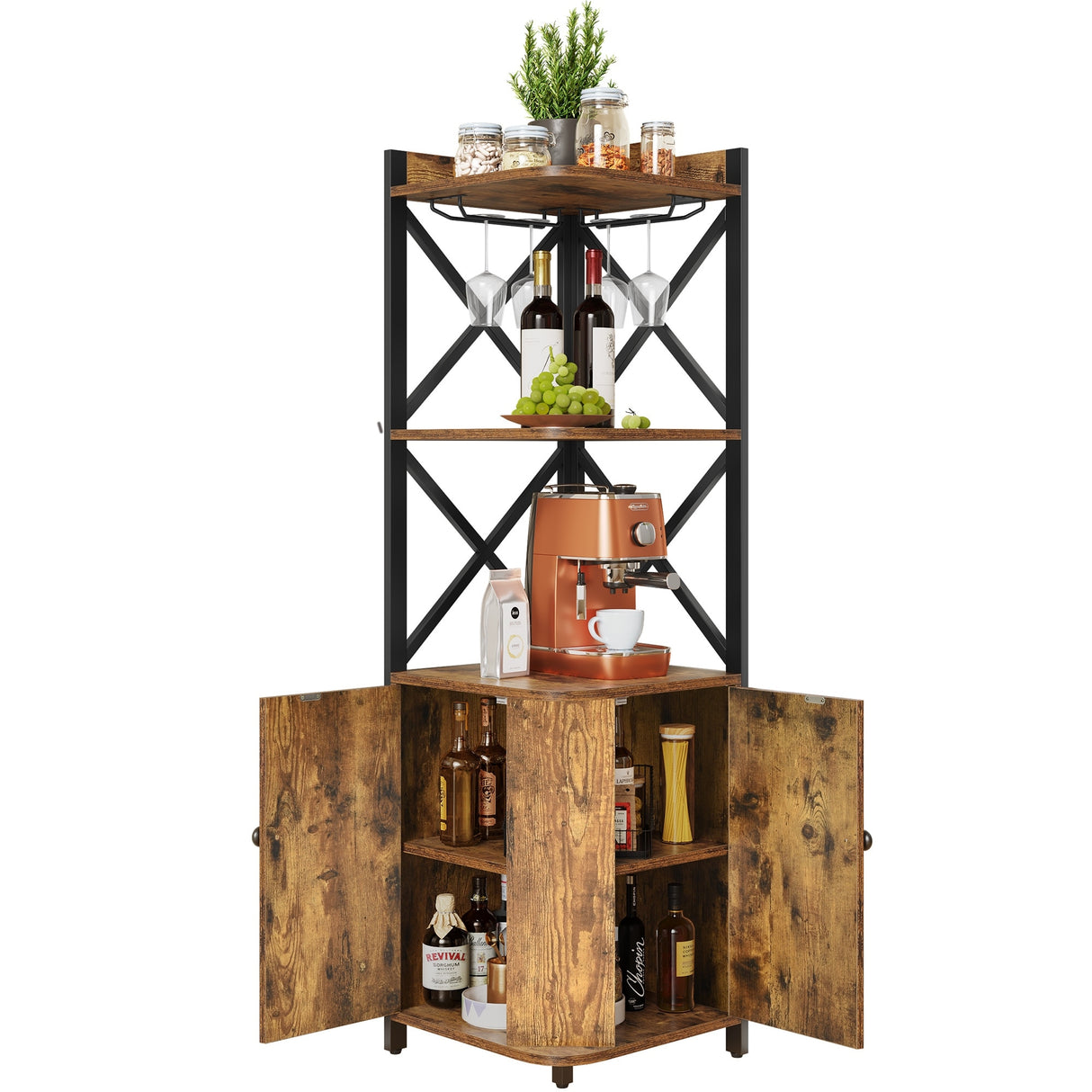 Moasis 5-Tiers Corner Bar Cabinet with Glass & Wine Holder Liquor Cabinet Storage