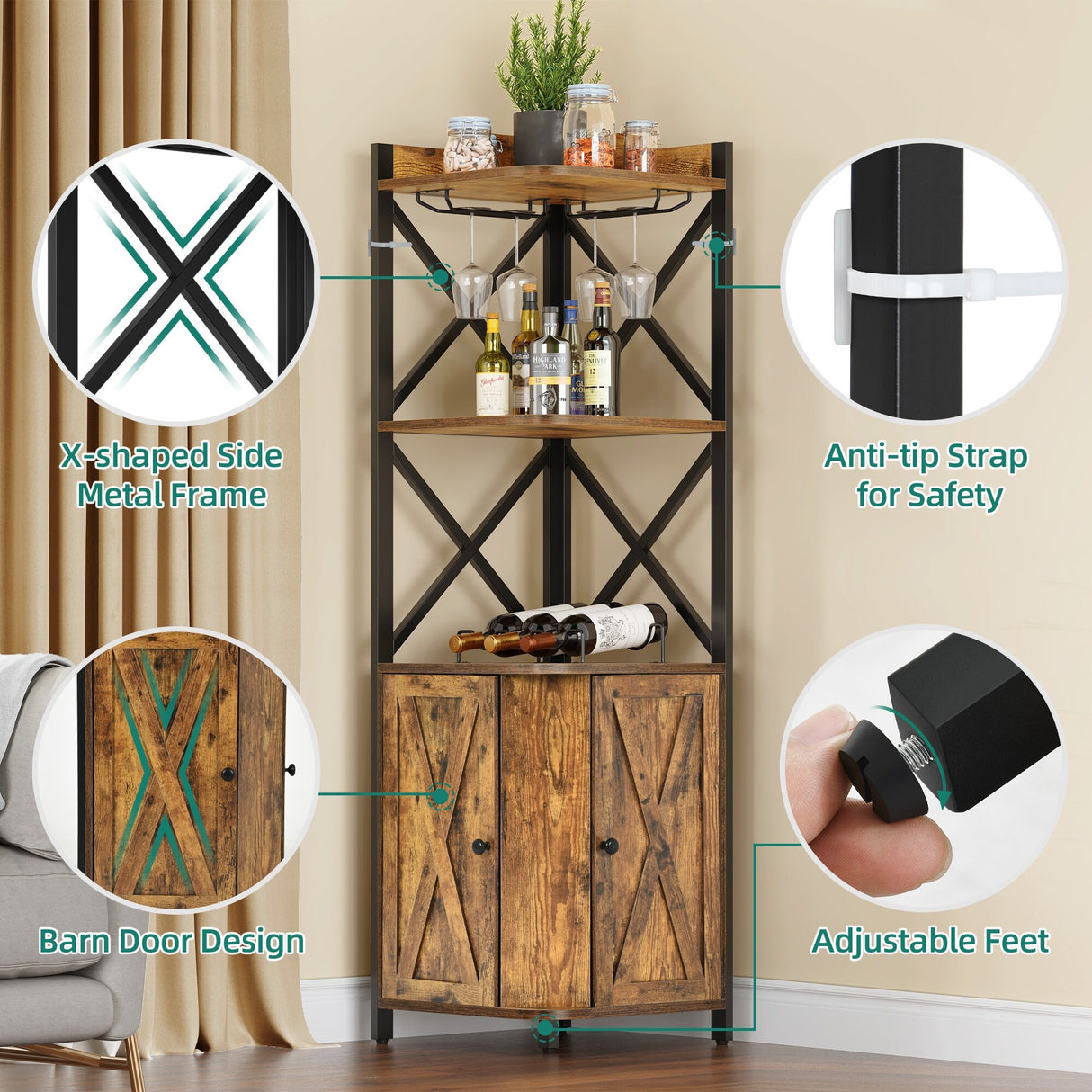 Moasis 5-Tiers Corner Bar Cabinet with Glass & Wine Holder Liquor Cabinet Storage