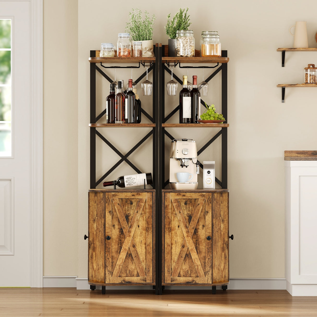 Moasis 5-Tiers Corner Bar Cabinet with Glass & Wine Holder Liquor Cabinet Storage