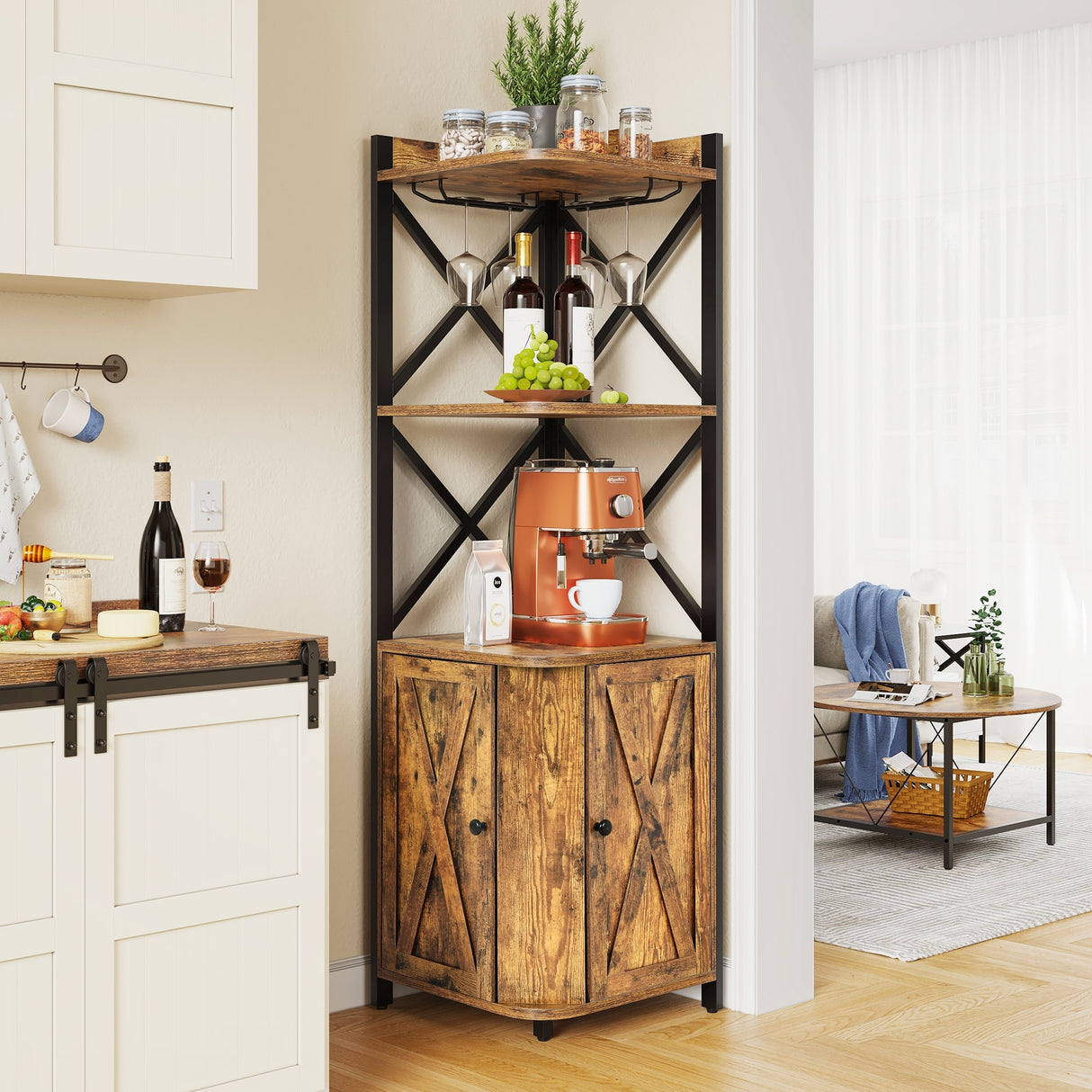 Moasis 5-Tiers Corner Bar Cabinet with Glass & Wine Holder Liquor Cabinet Storage