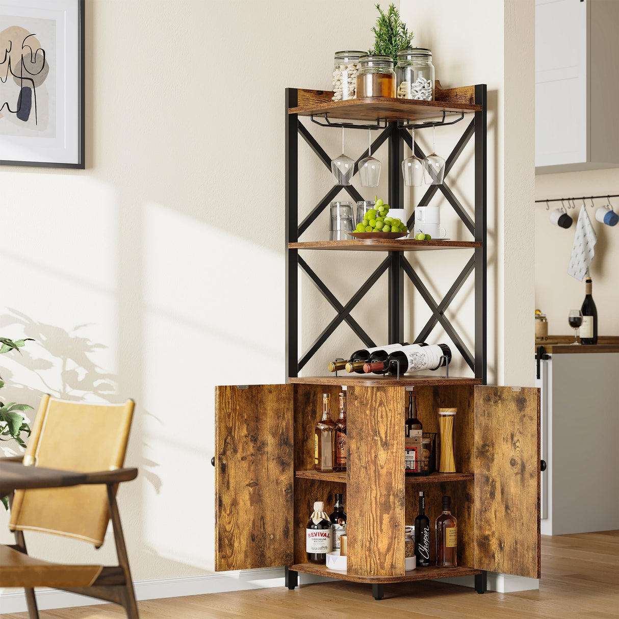 Moasis 5-Tiers Corner Bar Cabinet with Glass & Wine Holder Liquor Cabinet Storage