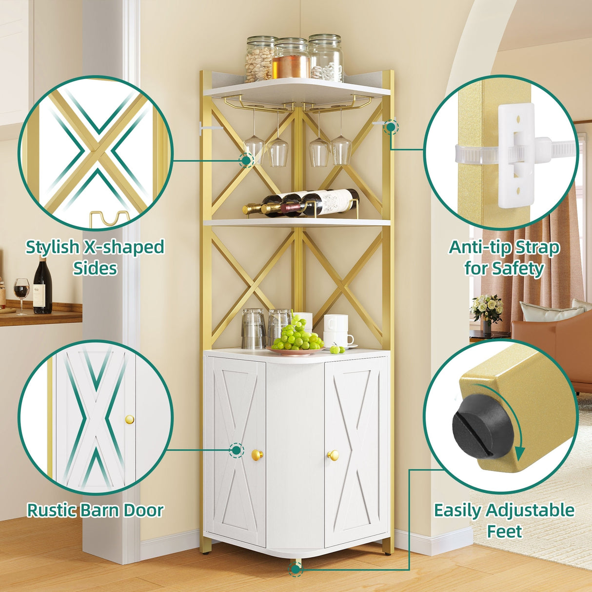 Moasis 5-Tiers Corner Bar Cabinet with Glass & Wine Holder Liquor Cabinet Storage