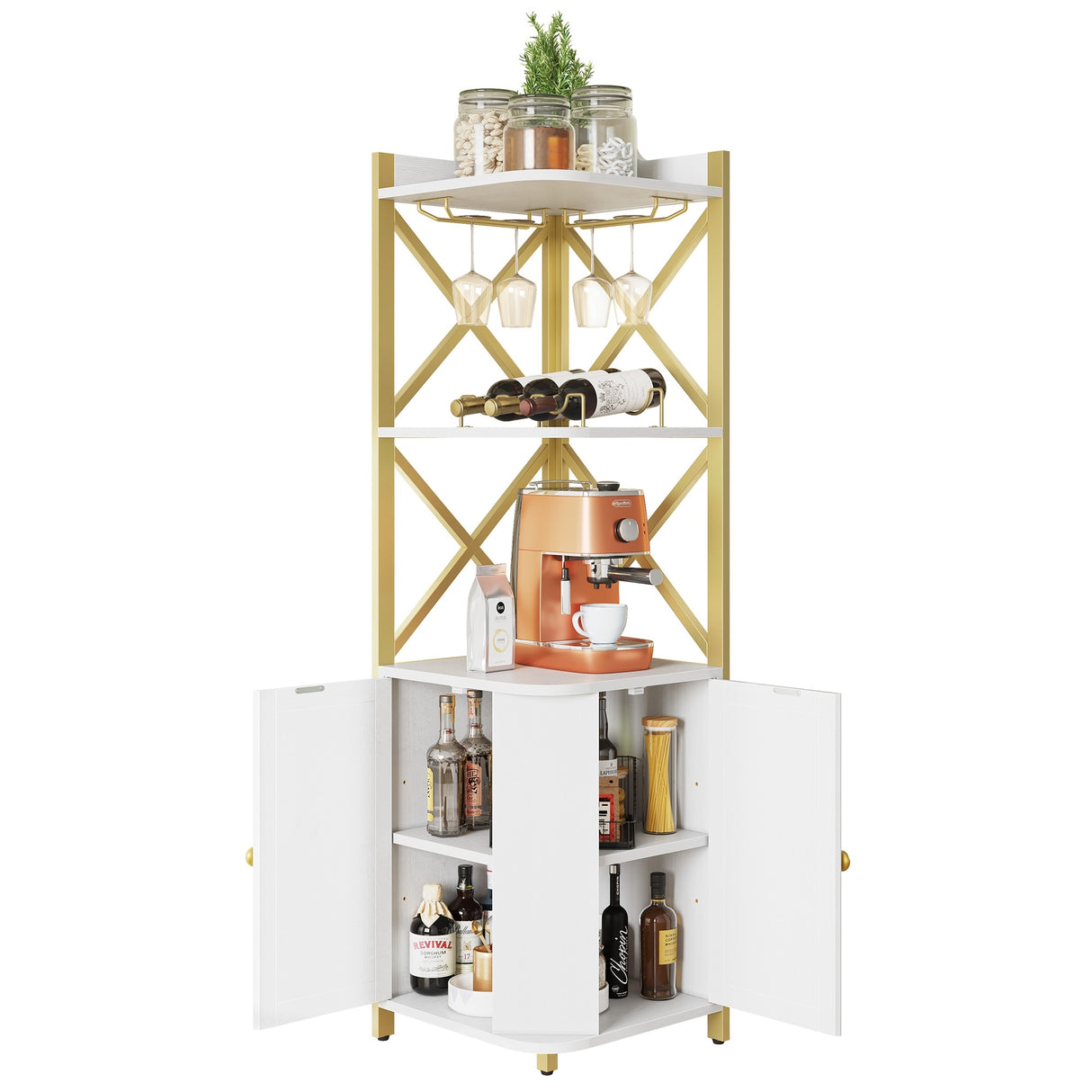 Moasis 5-Tiers Corner Bar Cabinet with Glass & Wine Holder Liquor Cabinet Storage