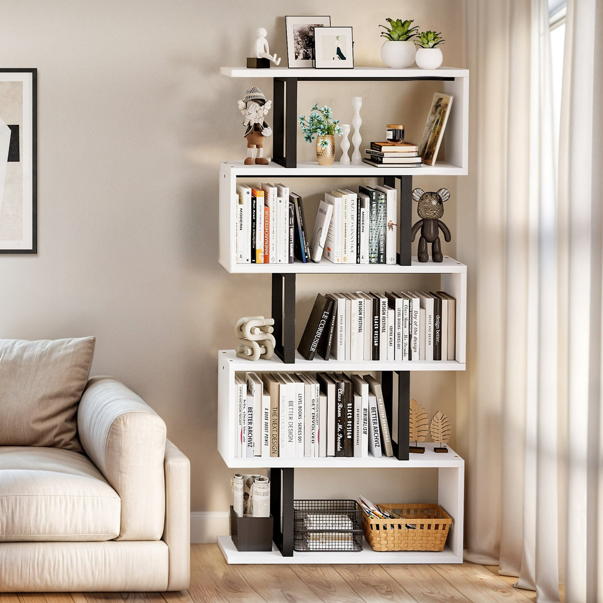 Moasis 5 Tiers S-Shaped Bookshelf Storage Display Bookcase Decor Z-She