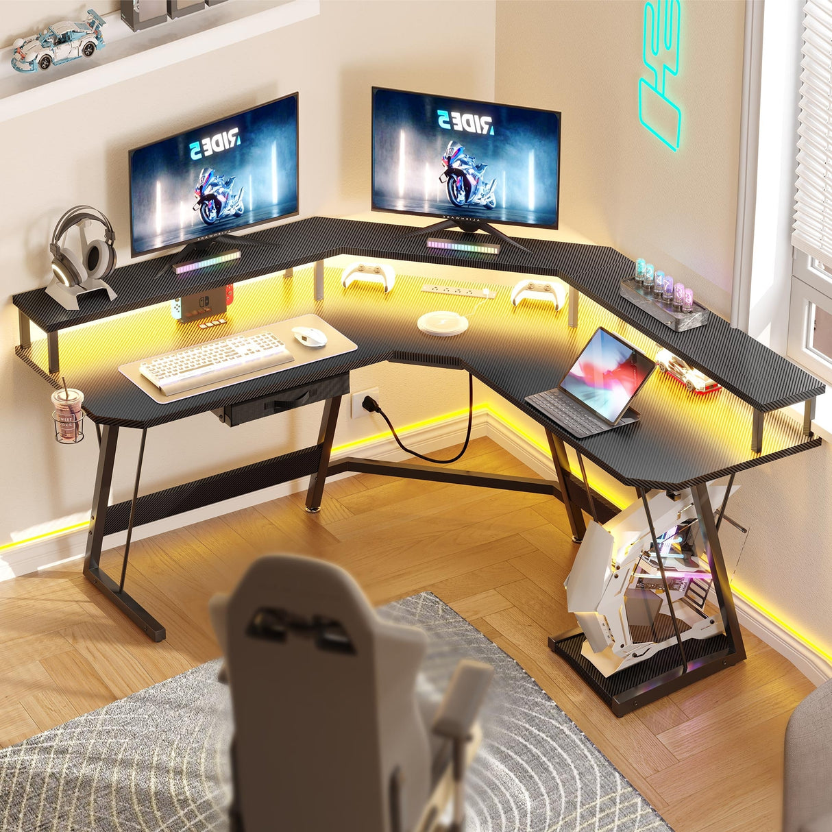 Moasis 56" L Shaped Gaming Computer Corner Desk with LED Lights and Power Outlet