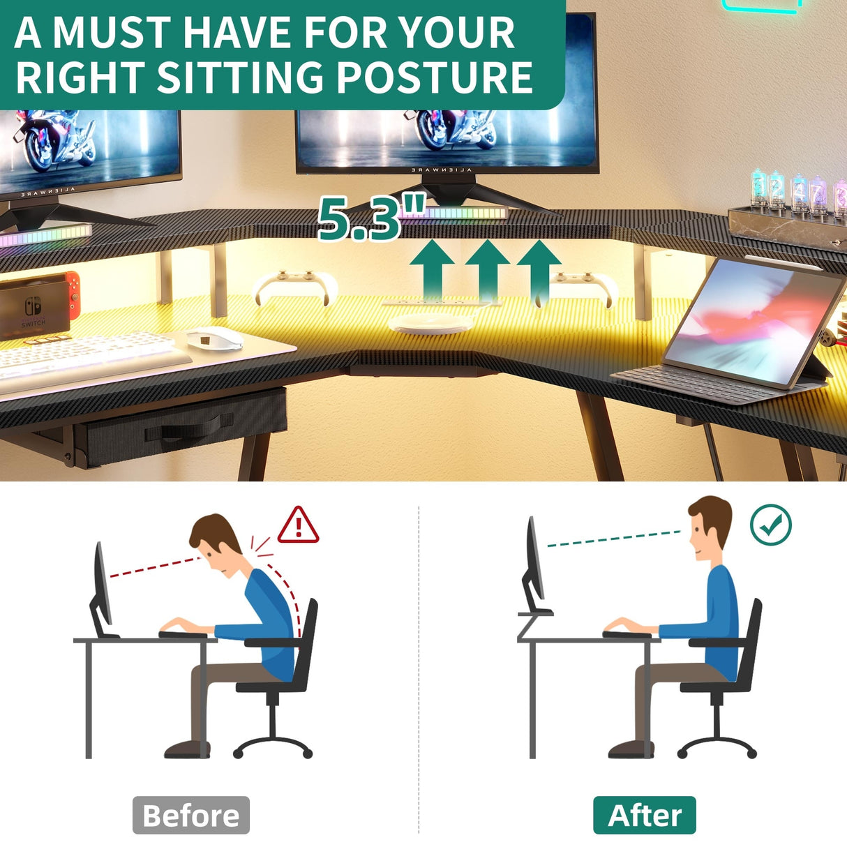 Moasis 56" L Shaped Gaming Computer Corner Desk with LED Lights and Power Outlet