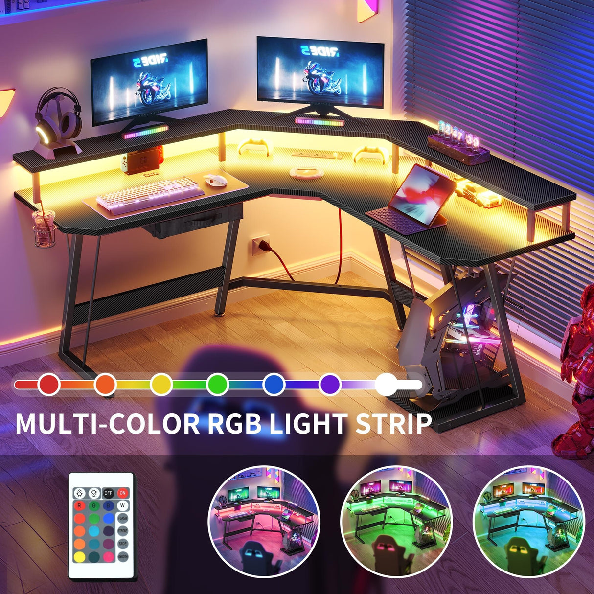Moasis 56" L Shaped Gaming Computer Corner Desk with LED Lights and Power Outlet