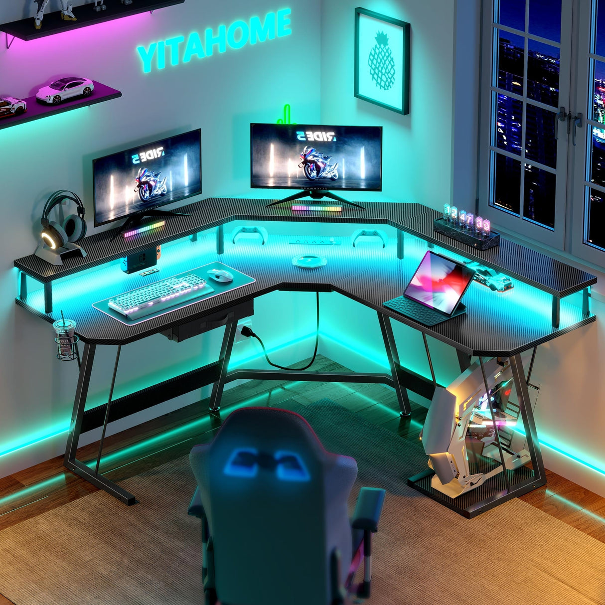 Moasis 56" L Shaped Gaming Computer Corner Desk with LED Lights and Power Outlet