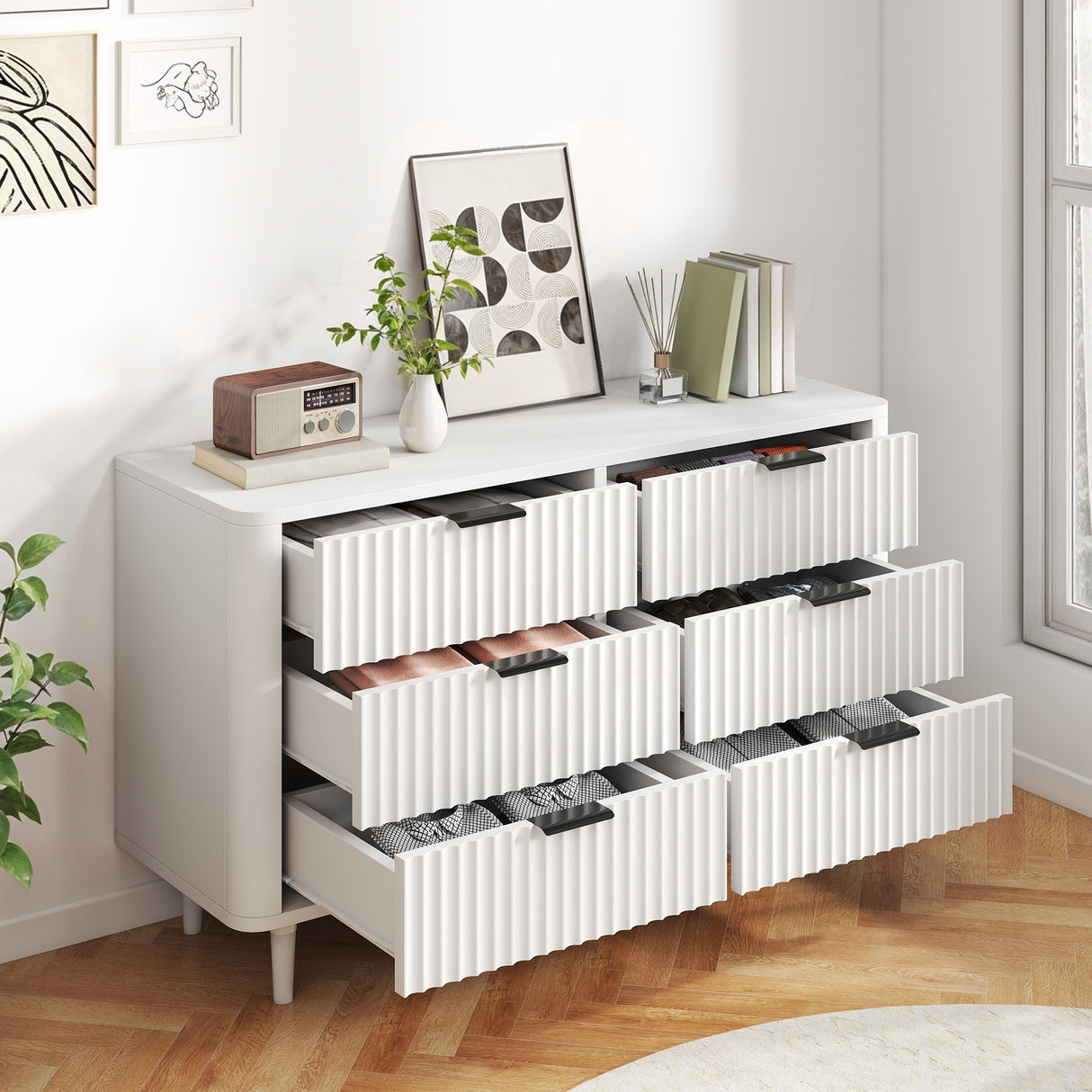 Moasis 6 Drawer Dresser Wood Storage Dresser Organizer with Waveform Fluted Panel
