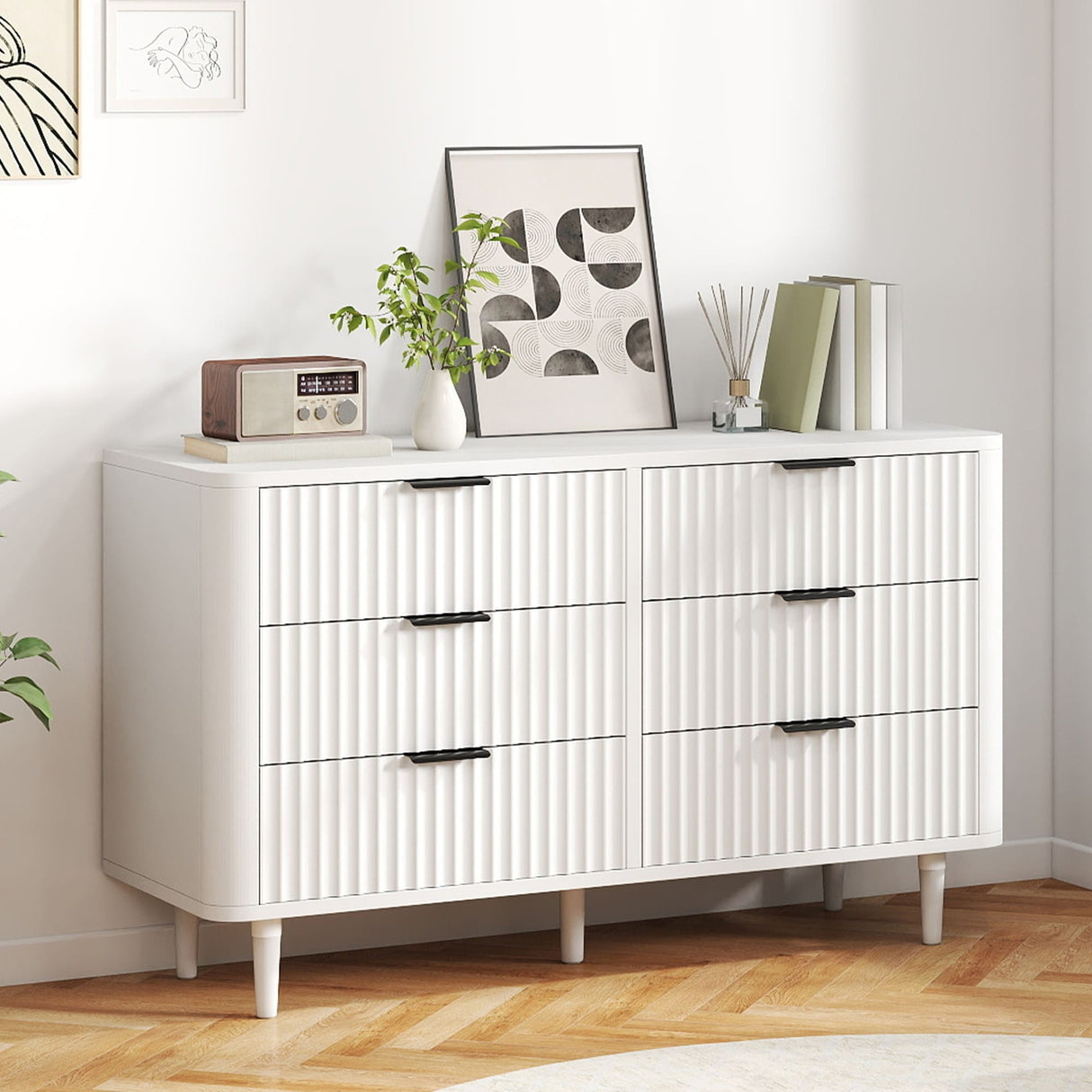 Moasis 6 Drawer Dresser Wood Storage Dresser Organizer with Waveform Fluted Panel
