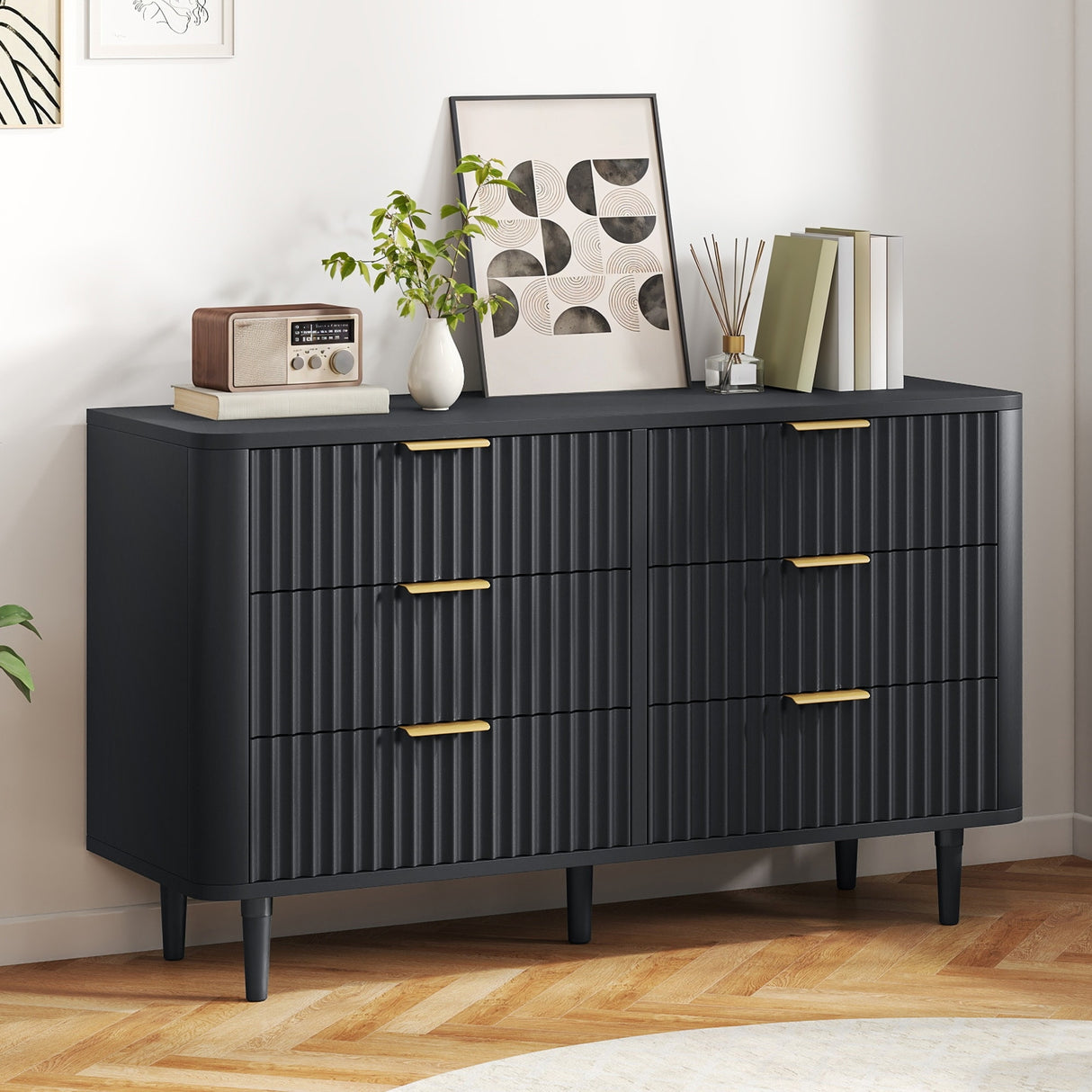 Moasis 6 Drawer Dresser Wood Storage Dresser Organizer with Waveform Fluted Panel