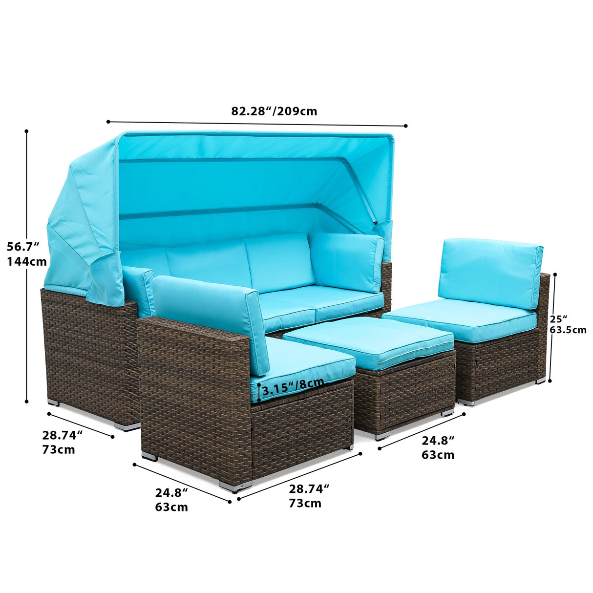 Moasis 6-Piece Patio Wicker Sofa Daybed Furniture Set with Retractable Canopy