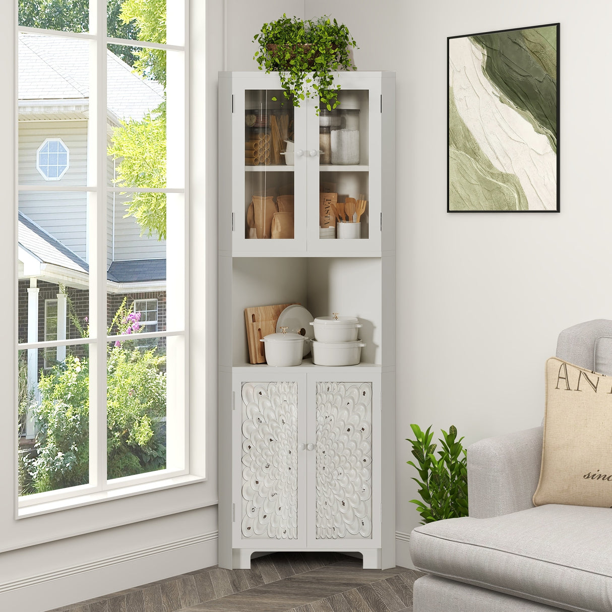 Moasis 67" Tall Corner Cabinet Storage with Glass Doors and Shelves