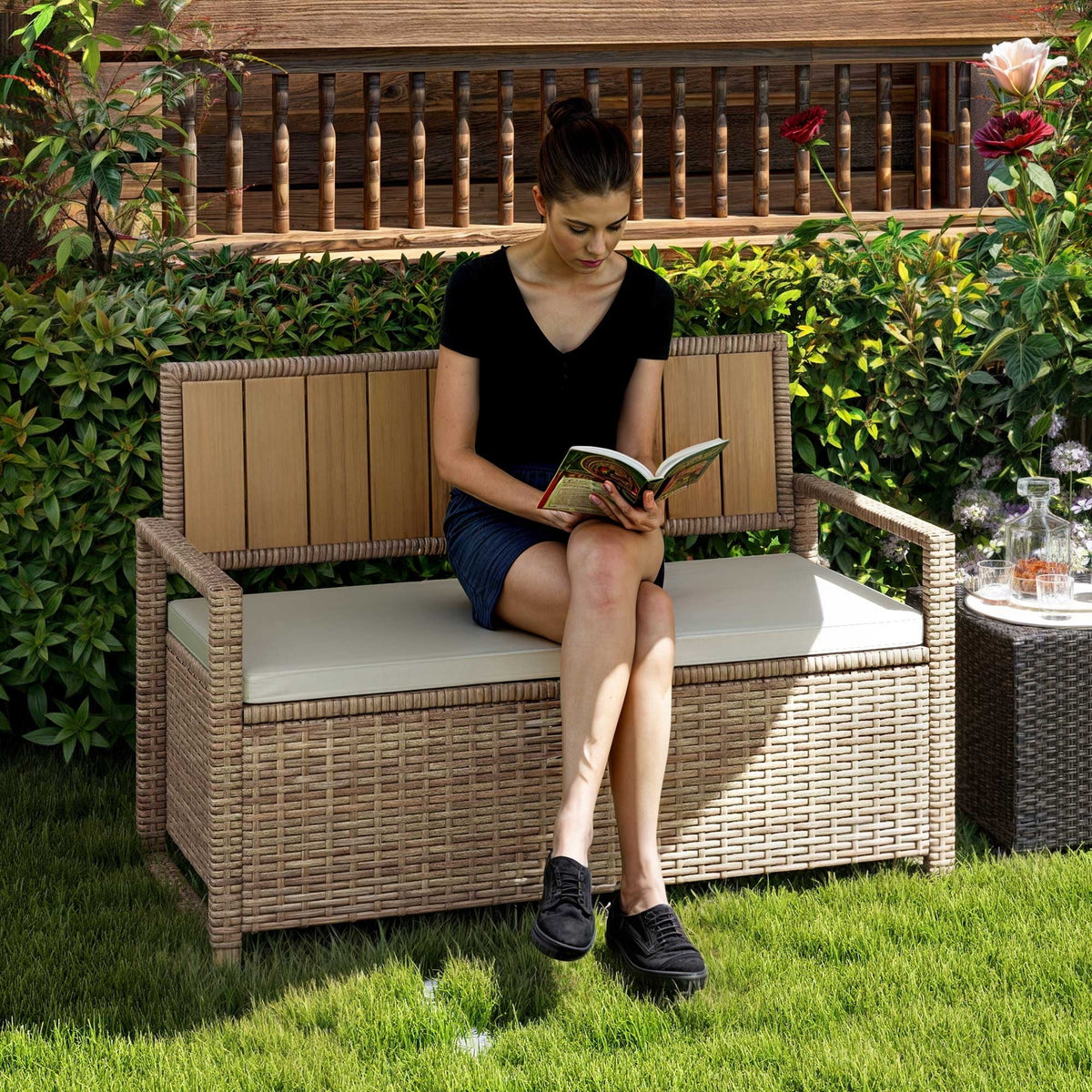Moasis 70 Gallon Outdoor Storage Bench Weather-Resistant Woven Rattan