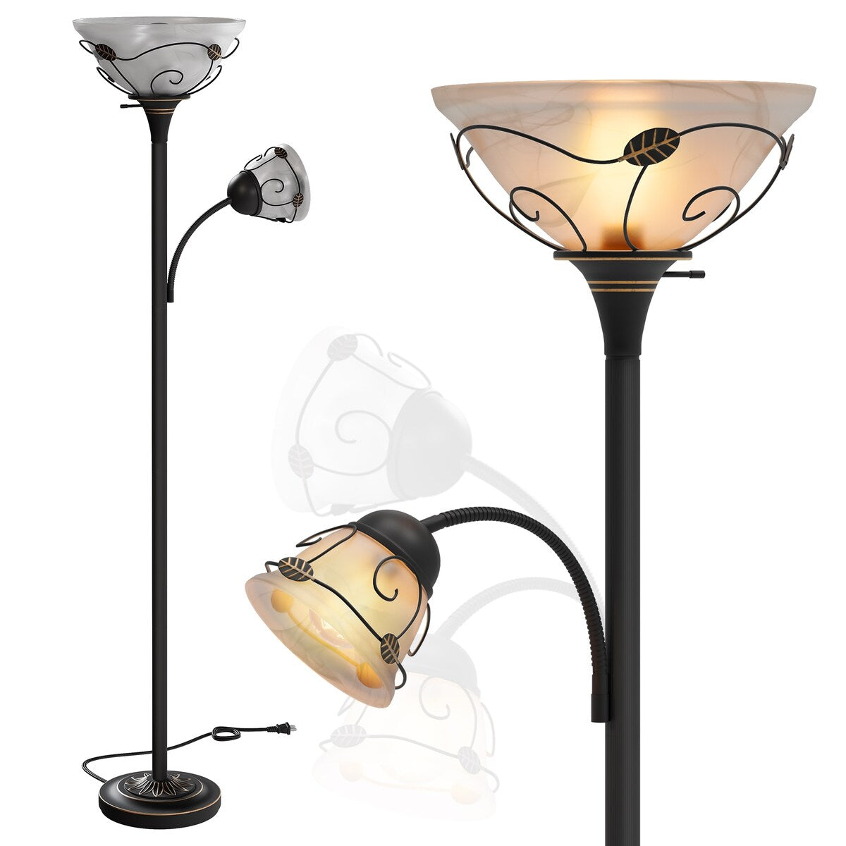 Moasis 71" Traditional Torchiere Floor Lamp with Adjustable Reading Light, Alabaster glass shades - 71"H
