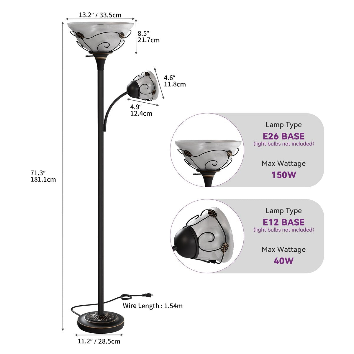 Moasis 71" Traditional Torchiere Floor Lamp with Adjustable Reading Light, Alabaster glass shades - 71"H