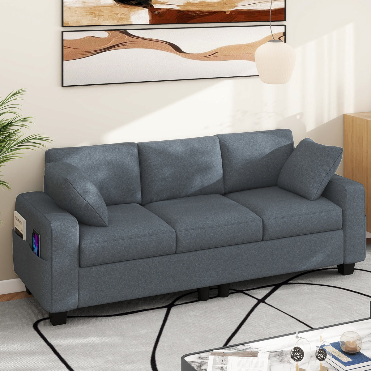 Moasis 80" 3-seater Upholstered Sofa 2 Pillows Couches with Side Pocke