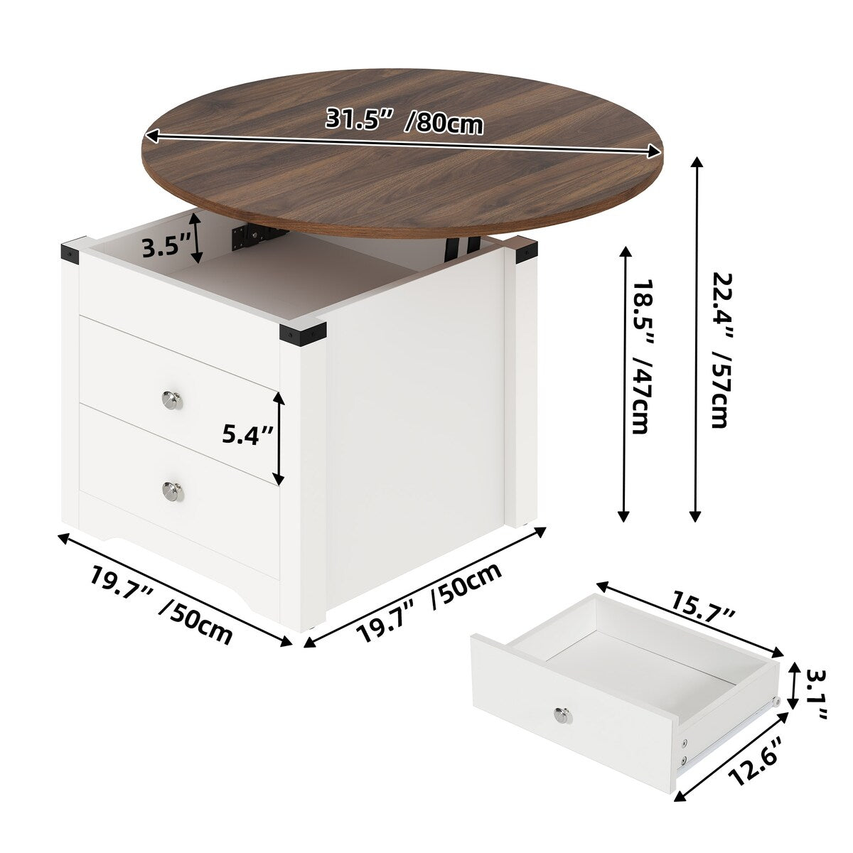 Moasis Farmhouse Round Lift Top Coffee Table with Square Hidden Storage and 2 Drawers for Living Room