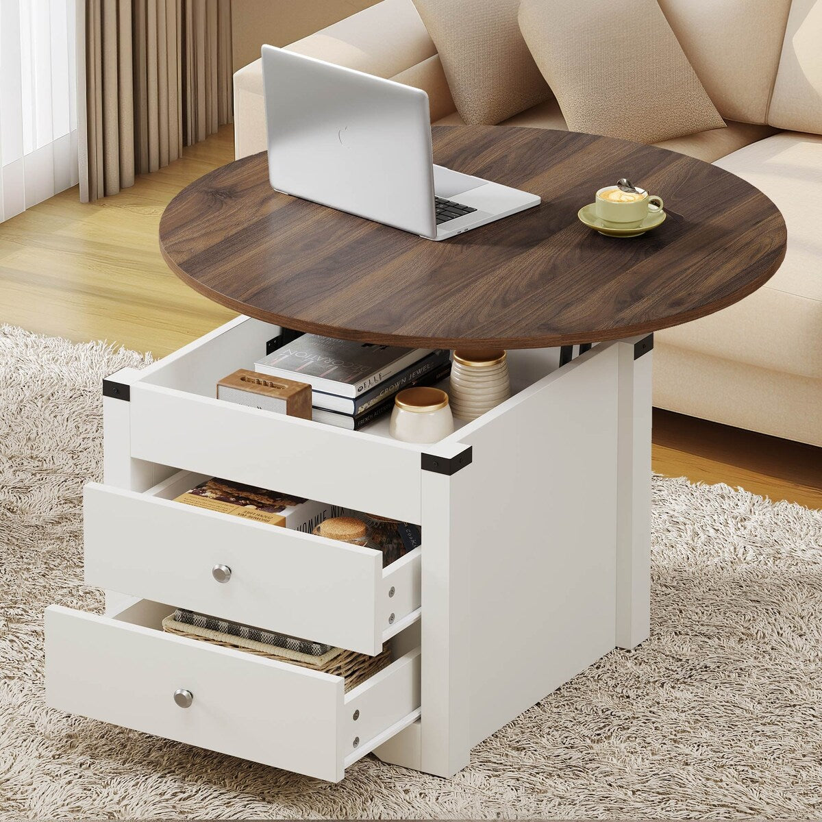 Moasis Farmhouse Round Lift Top Coffee Table with Square Hidden Storage and 2 Drawers for Living Room