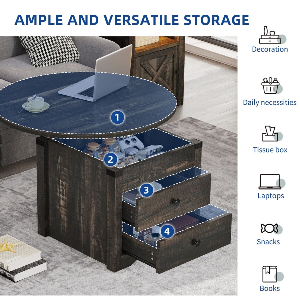 Moasis Farmhouse Round Lift Top Coffee Table with Square Hidden Storage and 2 Drawers for Living Room