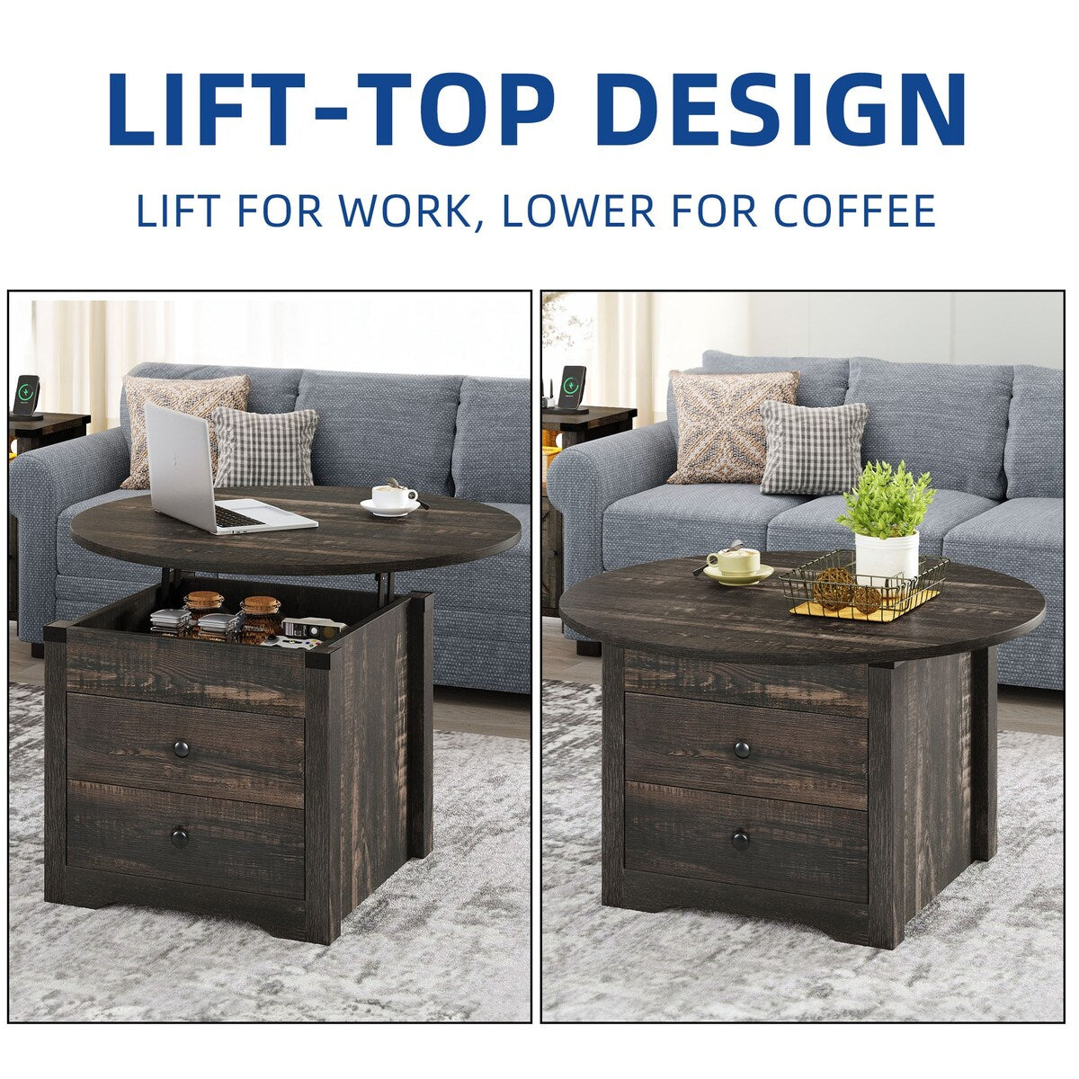 Moasis Farmhouse Round Lift Top Coffee Table with Square Hidden Storage and 2 Drawers for Living Room