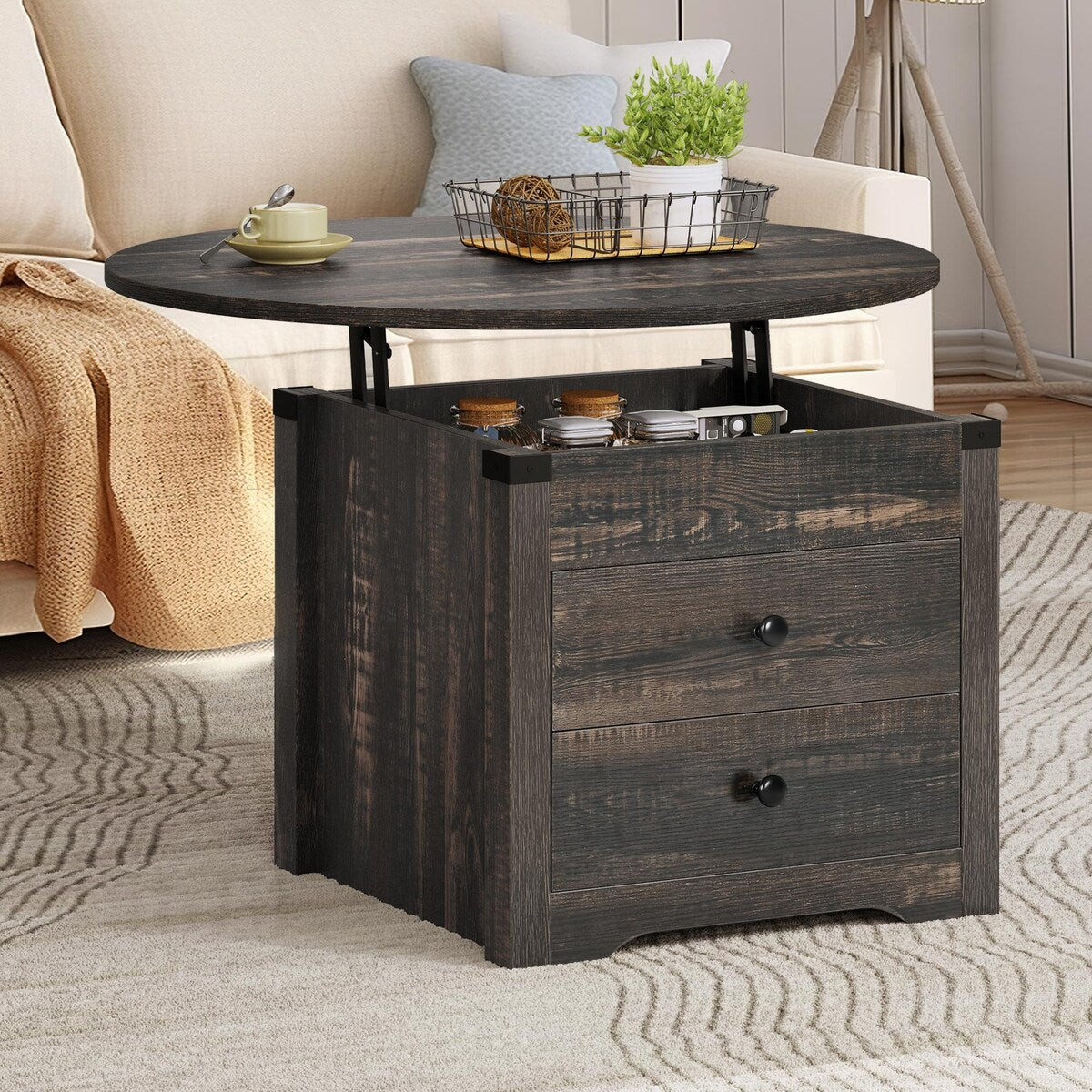 Moasis Farmhouse Round Lift Top Coffee Table with Square Hidden Storage and 2 Drawers for Living Room