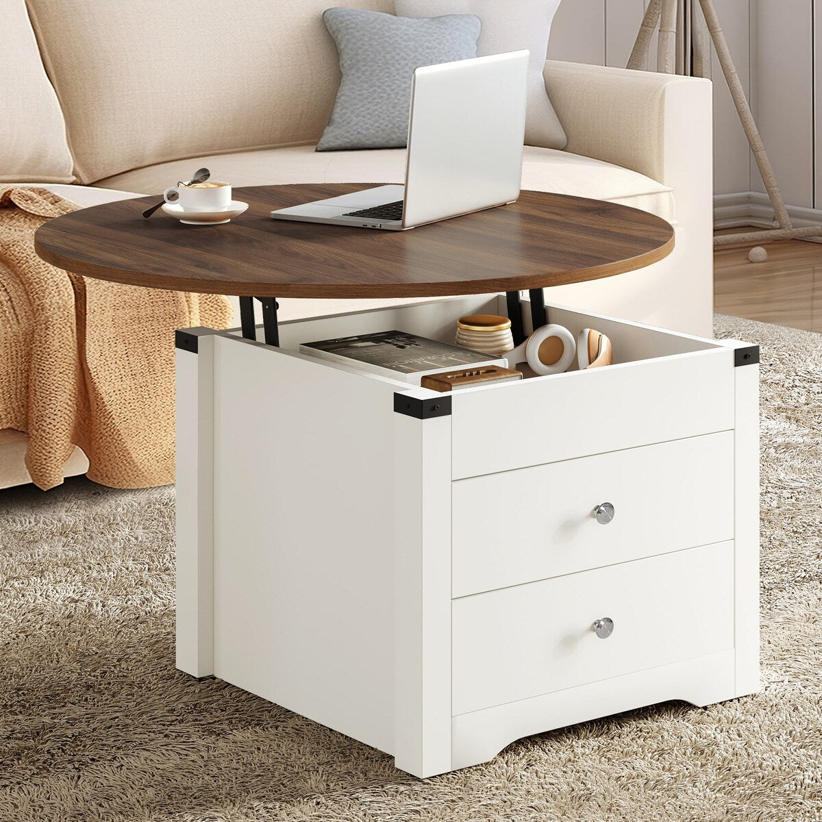 Moasis Farmhouse Round Lift Top Coffee Table with Square Hidden Storage and 2 Drawers for Living Room