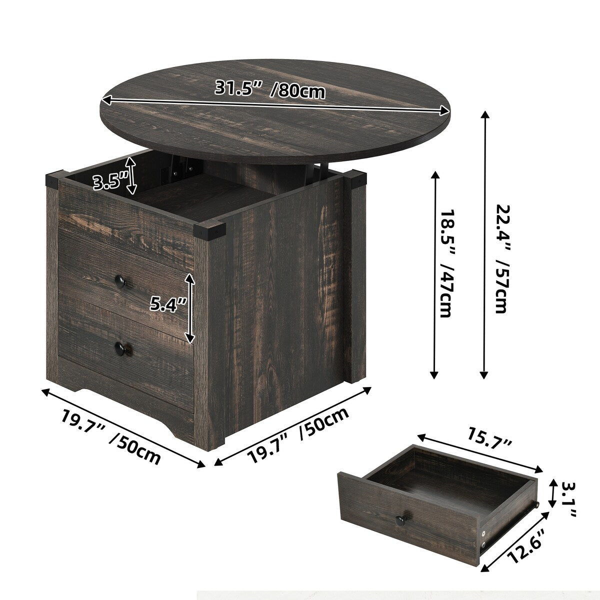 Moasis Farmhouse Round Lift Top Coffee Table with Square Hidden Storage and 2 Drawers for Living Room