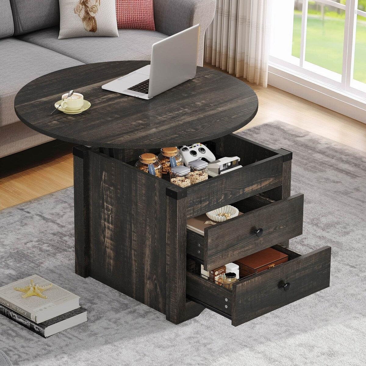 Moasis Farmhouse Round Lift Top Coffee Table with Square Hidden Storage and 2 Drawers for Living Room