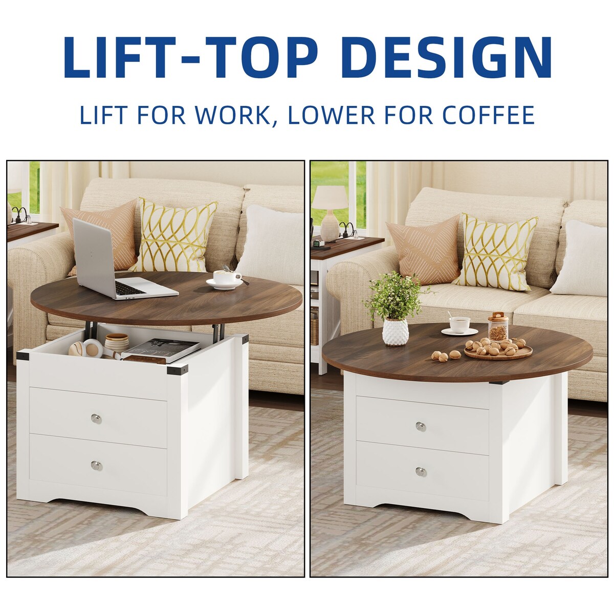 Moasis Farmhouse Round Lift Top Coffee Table with Square Hidden Storage and 2 Drawers for Living Room