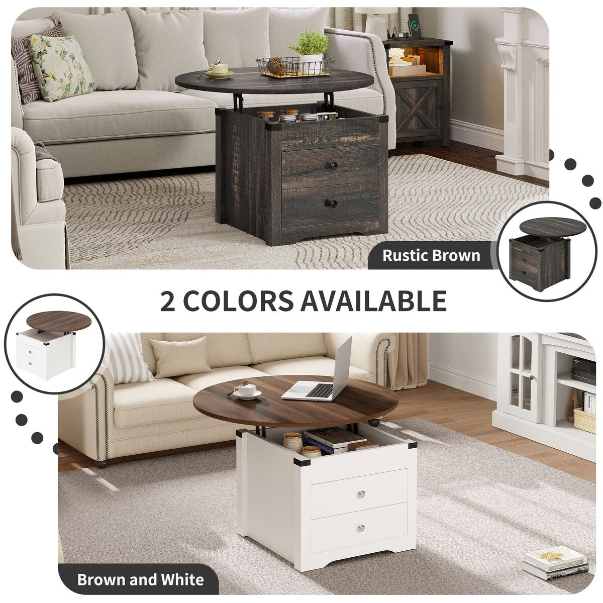 Moasis Farmhouse Round Lift Top Coffee Table with Square Hidden Storage and 2 Drawers for Living Room