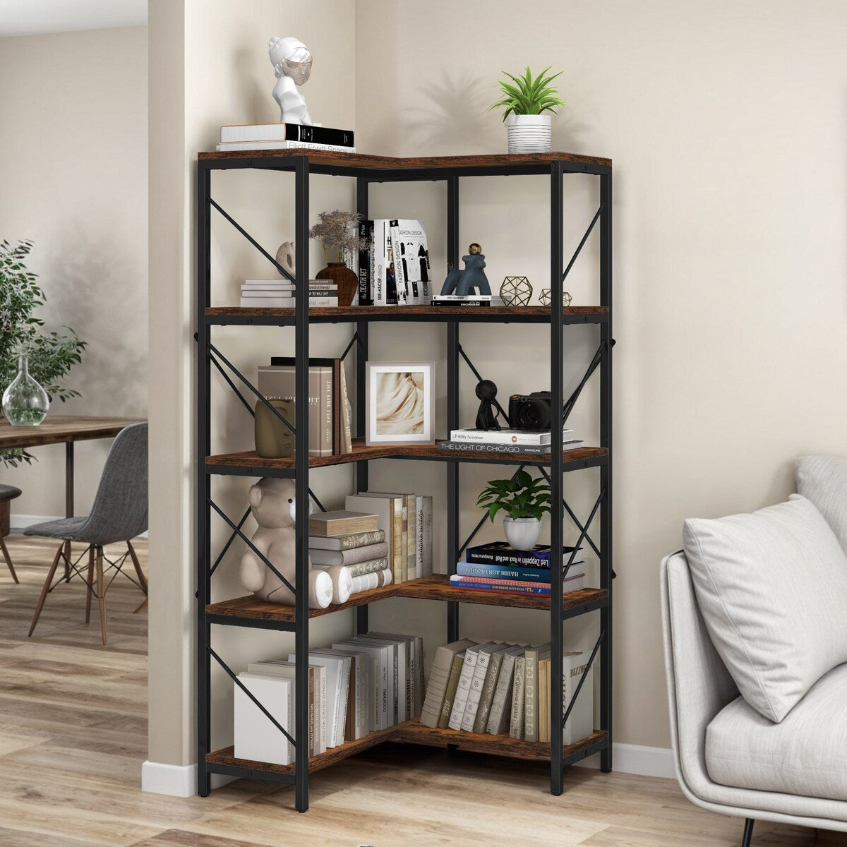 Moasis Industrial 5 Tier Corner Bookshelf Large 65 Inches Bookcase Display Corner Shelf